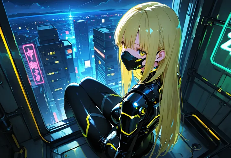 masterpiece, best quality, very aesthetic, absurdres, 4K, extremely detailed CG unity 8k wallpaper,sitting, full body, indoors, from side, 
1girl, blonde hair, long hair, straight hair, yellow eyes, bangs, cyber armor, skin tight, neon trim, face mask, fro...