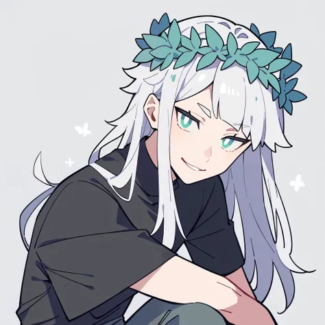 anime characters：1woman, adult, female focus, black short sleeve outfit, black clothes, black boots, cargo pants, only, female, only, Upper body, alone, white hair, long hair flower crown, thin eyebrows, green pupils, Light Grey background, simple backgrou...