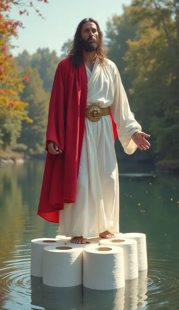 Jesus Christ, dressed in a white and red robe, standing on a tower of floating giant toilet paper, realistically on a lake. The scene takes place in a natural landscape with trees and flowery compositions in the background. Soft reflections in the water, c...