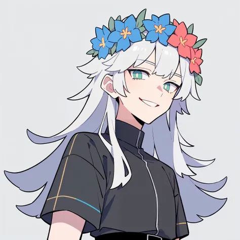 anime characters：1woman, adult, female focus, black short sleeve outfit, black clothes, black boots, cargo pants, only, female, only, Upper body, alone, white hair, long hair flower crown, thin eyebrows, green pupils, Light Grey background, simple backgrou...