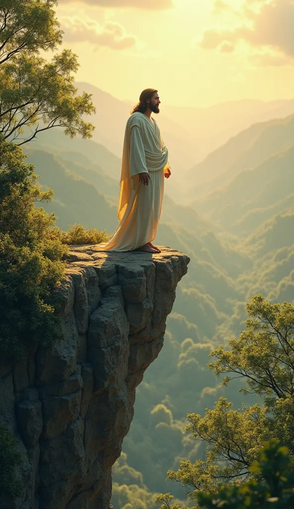 An image of Jesus on top of a cliff, with vegetation stretching to the horizon. Jesus is the focal point of the image, appearing in the center. It is daytime, with rays of light shining behind Him.