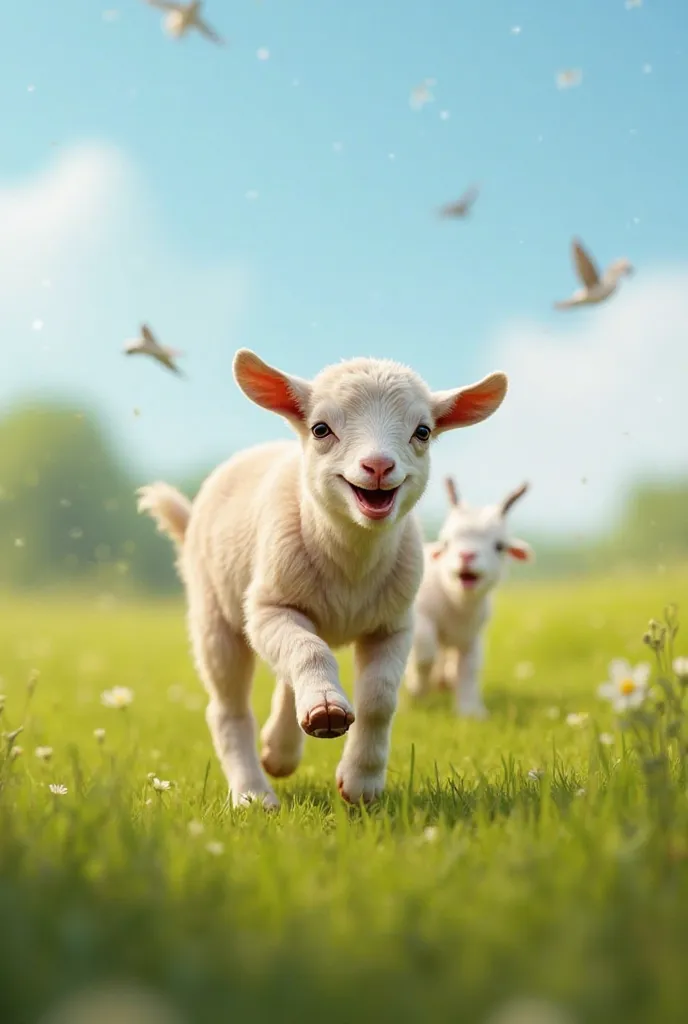 "A playful baby goat starts running excitedly in the green meadow. His small legs move quickly, and he looks full of energy. The sunlight highlights the soft fur on his body, and a few birds fly in the blue sky. His mother watches from behind with a smile....