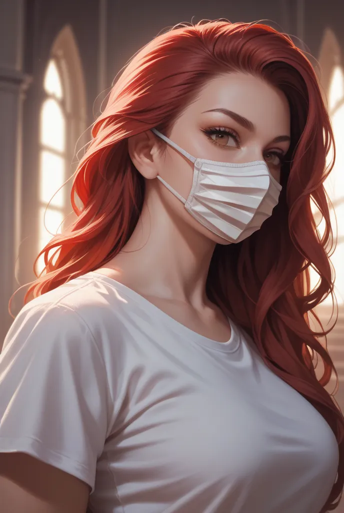 Red-haired long-haired adult woman wearing a white shirt and taking off her brown rat mask
