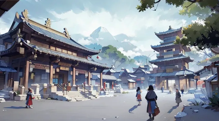  masterpiece,,super detailed,illustration,Ancient outdoor plaza,movie lighting，painting，8k，Ancient Chinese architecture with black tiles and red pillars，Stone Road，crowd，Sky