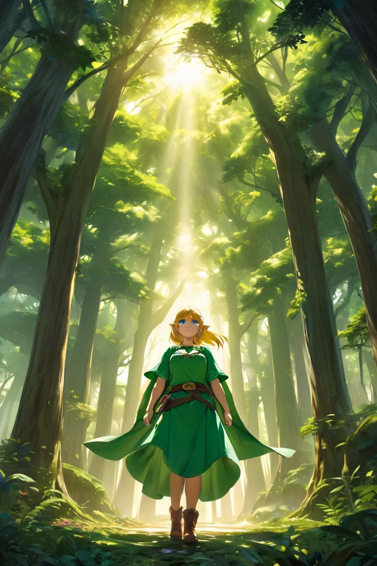 Female LInk (from the legend of zelda) gigantic breast expansion; green clothes; shocked face expresion