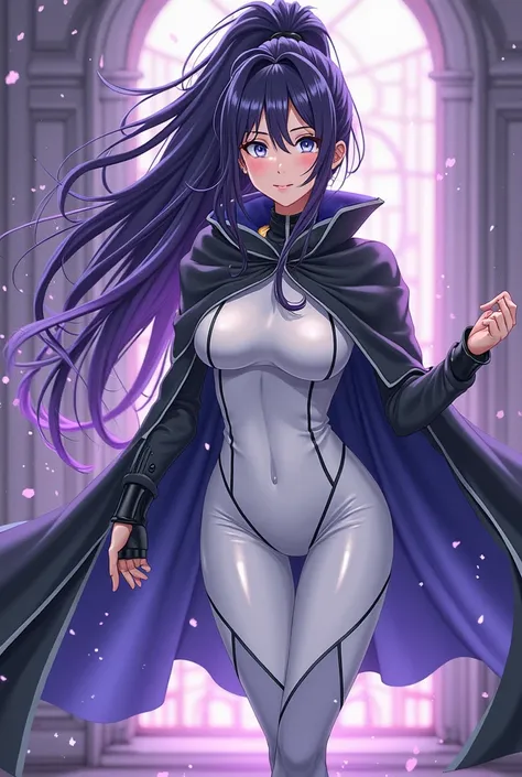 Create a female character with long black almost purple hair with a ponytail, with blue eyes and a little bit of Violet Who wears a full tight suit that is white With black boots And a black cape Full body that has magic to make portals,  Anime Boku no her...