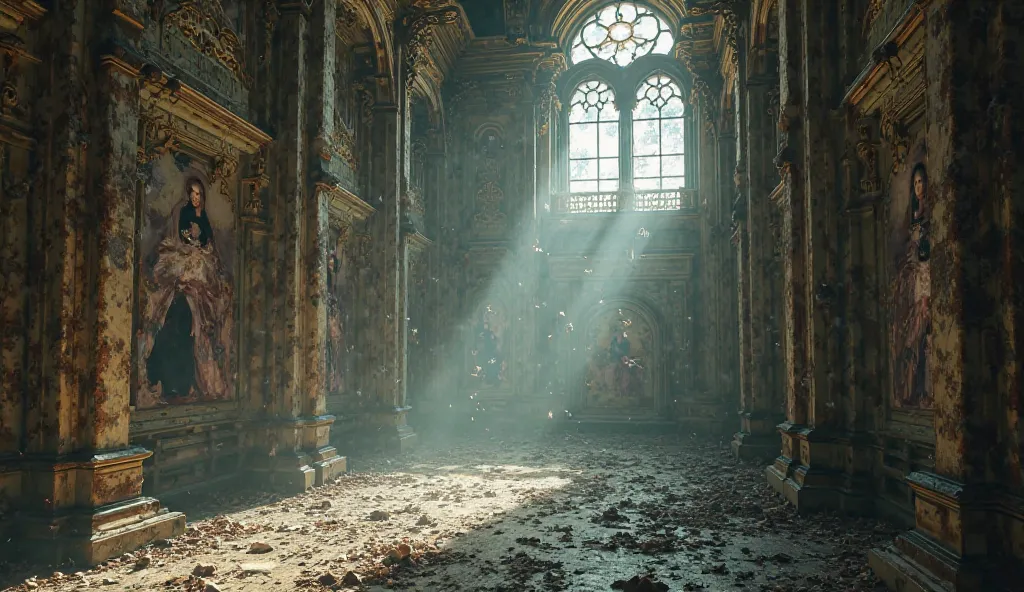 A grand hall with dusty, faded portraits on the walls, cobwebs in the corners, and an overall abandoned look.