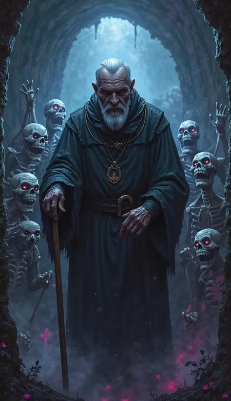 "An eerie underground lair with dim lighting. An old, frail man with wrinkled skin and grayish complexion, holding a sinister cane that absorbs calcium. Around him, small mischievous skeleton minions are cheering. Dark, moody atmosphere with eerie blue and...