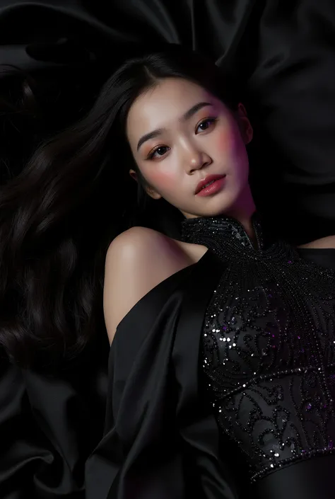 “Dark Siren”
Pose An Exotic Korean Princess reclining pose with the subject lying on a luxurious, dark fabric, looking up with a seductive gaze.
Makeup: Deep, jewel-toned eyeshadows with a glossy, dark lip and shimmering highlighter.
Hairstyle: Long, flowi...