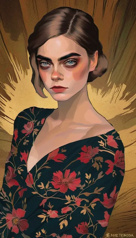 Sensual illustration of Cara Delevingne as graceful queen using chiaroscuro (((Short hair without bangs:1.4、Beautiful Eyes) , Vintage ,Silk dress, Matte Paint, John Singer Sargent, by Katsuya Terada、 Very soft color, Dark Vivid, Dark Red Pastel, Very detai...