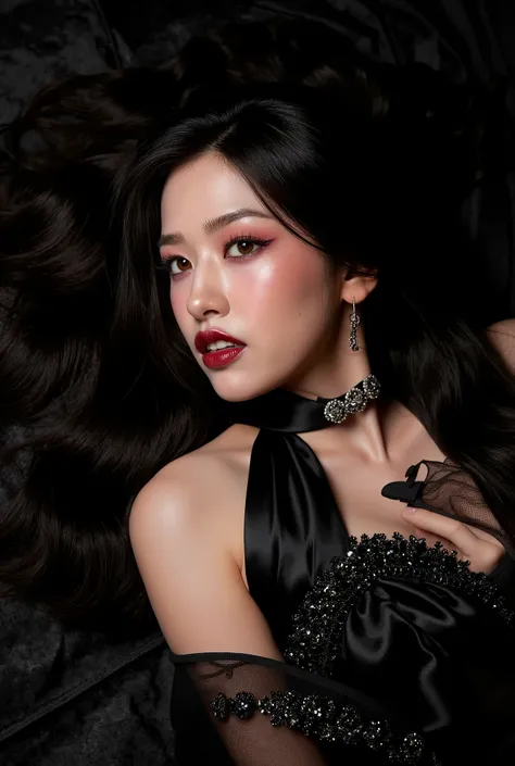 “Dark Siren”
Pose An Exotic Asian Princess reclining pose with the subject lying on a luxurious, dark fabric, looking up with a seductive gaze.
Makeup: Deep, jewel-toned eyeshadows with a glossy, dark lip and shimmering highlighter.
Hairstyle: Long, flowin...