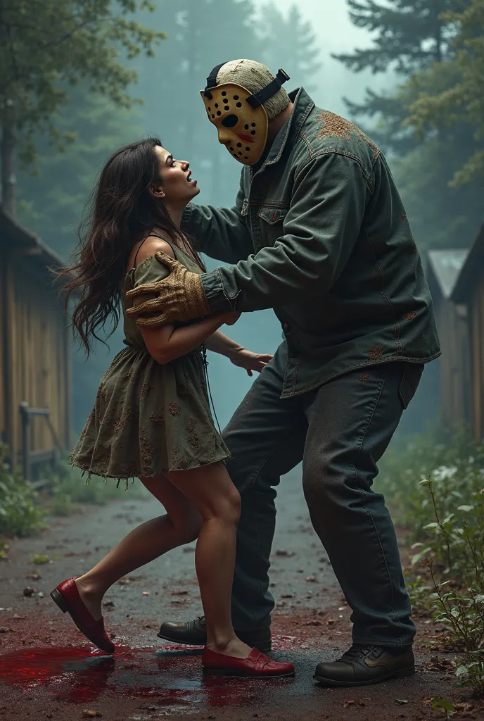 Background  Camp Crystal Lake with Jason voorhees  grabs a Camp counselor by the hair dragging her crossed the ground dead skin 