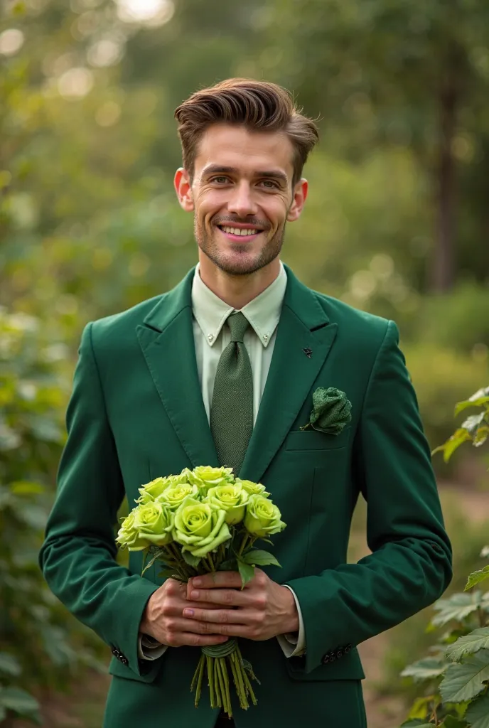 Young man dressed in classic green suit, with green roses in their hands