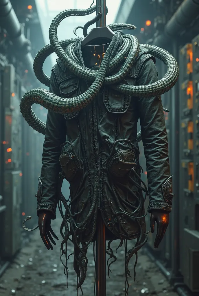 With the previous image make a creative hanger, Futuristic dystopian wrapped in tentacles 