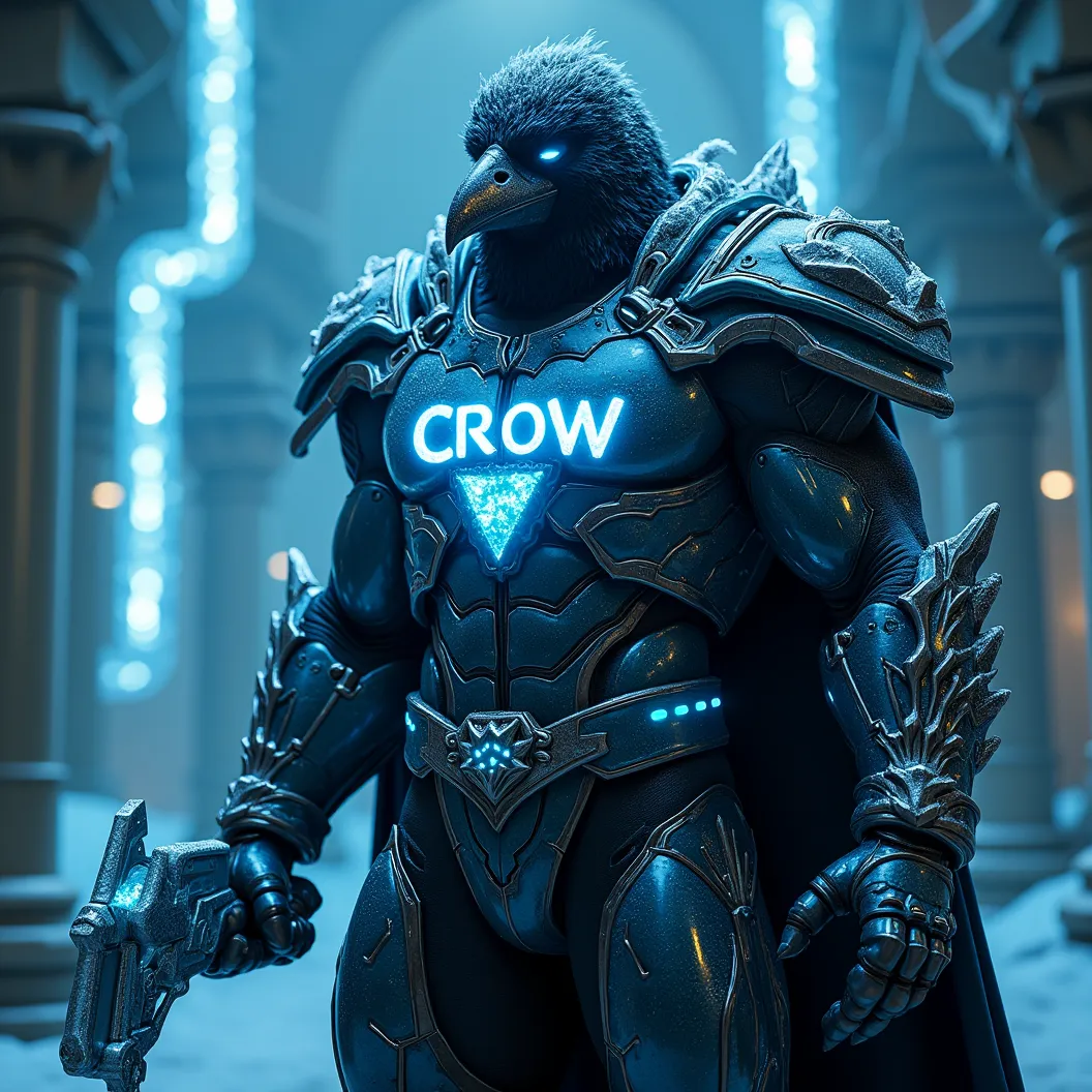 A large muscular Crow villian donned in a chrome armored suit. Clear piping filled with bubbling, glowing icy blue liquid plugged in to his suit supplying power. The name "Crow" etched on his chest armor glowing icy blue. He looks mean but majestic. His fe...