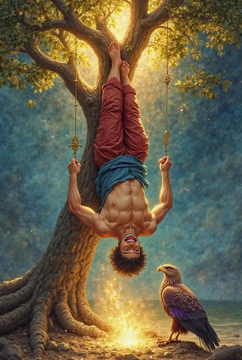 Make the man's card upside down, hanging upside down from a tree. 

Visual Description

The card depicts a handsome, beautiful , strong and muscular man hanging upside down by one of his feet, tied to a Tau-shaped tree (T), representing sacrifice and spiri...