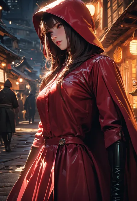 portrait south korea women hood up latex coat with long sleeve cape and latex long wide Skater skirt very higth latex heel and latex gloves equipped hidden blade in medieval south korea village in summer at night, and walk ,4K sophisticated and highly deta...