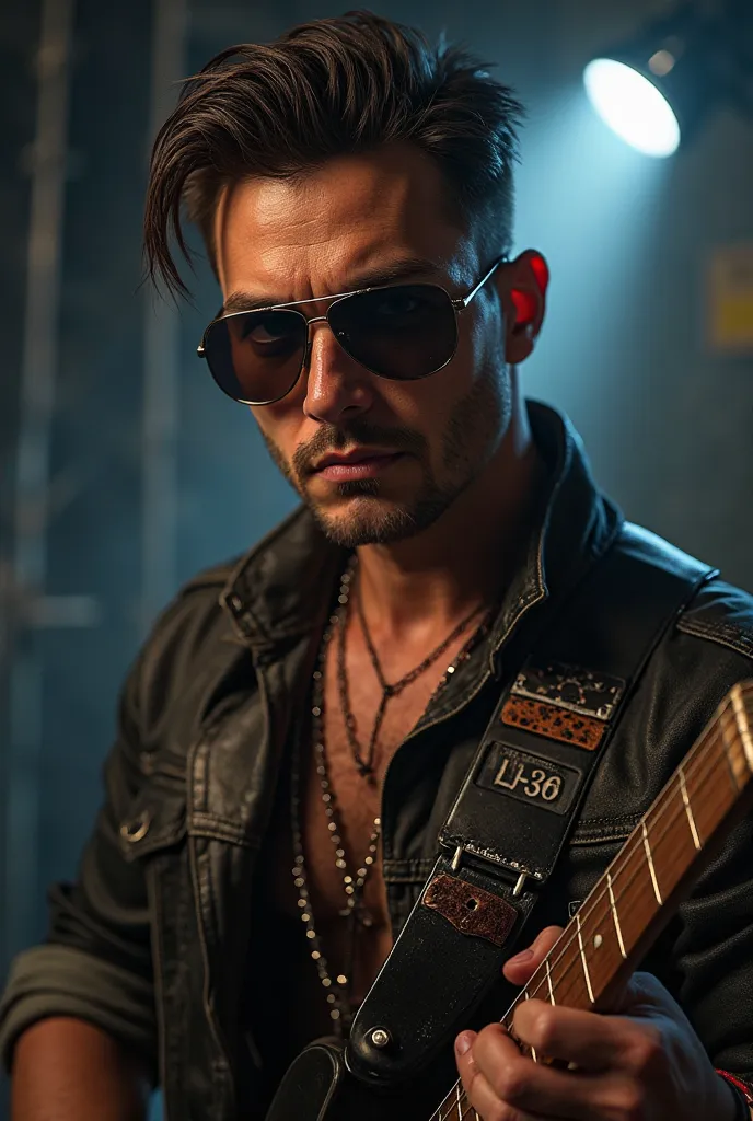 Rocker with dark lenses and guitar,  brown, short black hair and brushed sideways, from the middle of the body upwards 