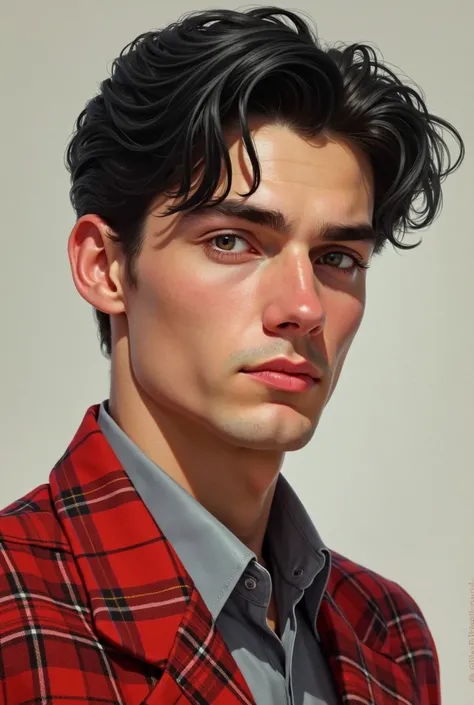 semi realistic, "Socs" from Outsiders by S.E Hinton, young man, black hair, very pale skin, red plaid jacket, rich man, clear skin, neat hair, {{pale white skin}}