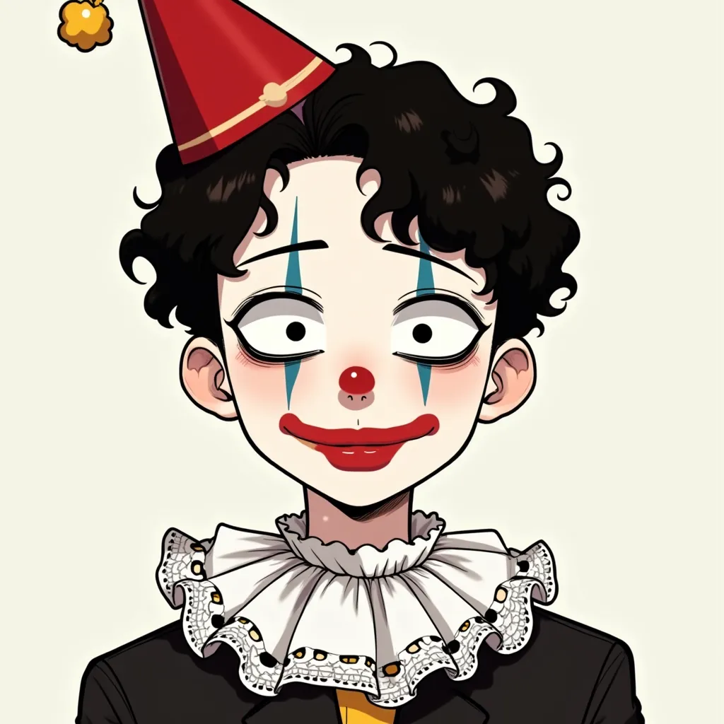  cartoon,The image shows a man with short dark hair, curled hairstyle. The person is wearing makeup that mimics that of a clown,  with white base on the face , lips painted dark red and eyes outlined in black, creating a tear effect. The nose is red and sm...