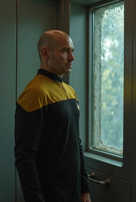 Medium build white American male with bald head wearing a Star Trek Next Generation yellow and black uniform standing in front of restroom window with face against the glass 