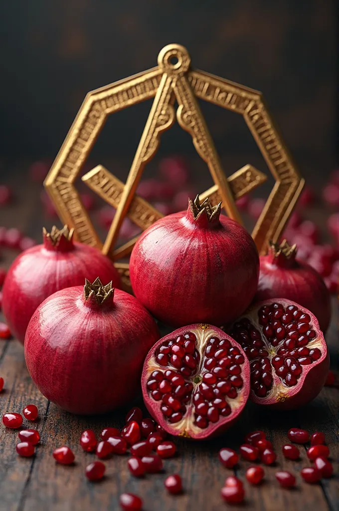 Very red pomegranates with Masonic symbol in a Masonic senary with gold details