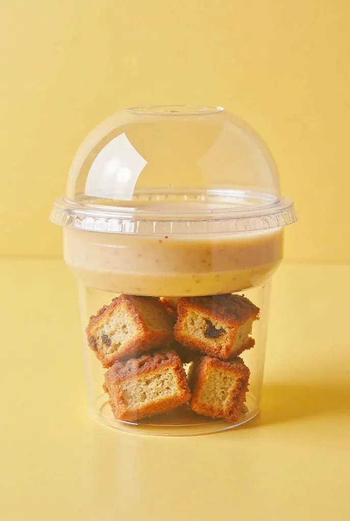 The container is a clear plastic cup with a dome lid, designed to separate two different dessert components. The main cup holds mini banana bread bites with s’mores, which are small, banana bread pieces with biscoff and marshmallows in between two slices o...