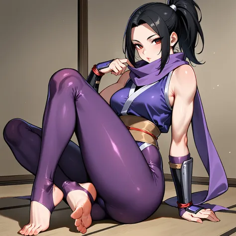 attractive, beautiful, women, Asian, black hair, ponytail, spandex, purple ninja, slim muscled, athletic physique, bare feet, wrappings on feet and wrists, sleeveless, ninja scarf, bracers, stirrup legwear, seductive,
