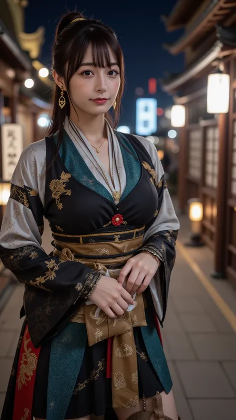  top quality,Photogenic Clarity,8K ultra-high resolution,Best Picture Quality、 masterpiece,   very detailed skin  ,  Detailed Clothing Characteristics ,   high definition model , There is a large Japanese castle in the background,Edo Castle Town illuminate...