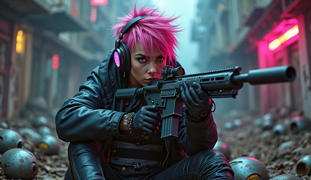 Cyberpunk girl with pink hair, holding sniper rifle between her legs, listening to neon headphones, surrounded by scraps of dead androids. The ambience if dark and gloomy with neon lights.