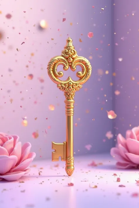 3D rendering in Disney Pixar style ,  a golden key  , smooth lilac background  .