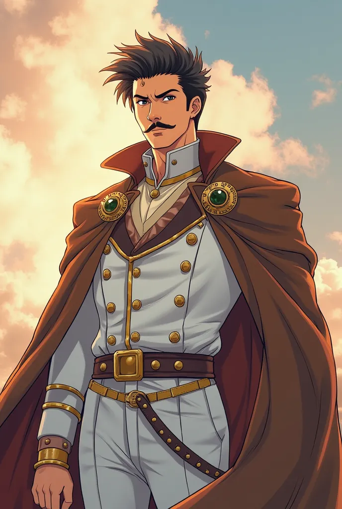 Make me a man around 40, He is tall and has a mustache, Wear white admiral clothes with brown details, Make him have a powerful aura and powers that resemble Earth, Make the art in anime style, He wears a brown cape