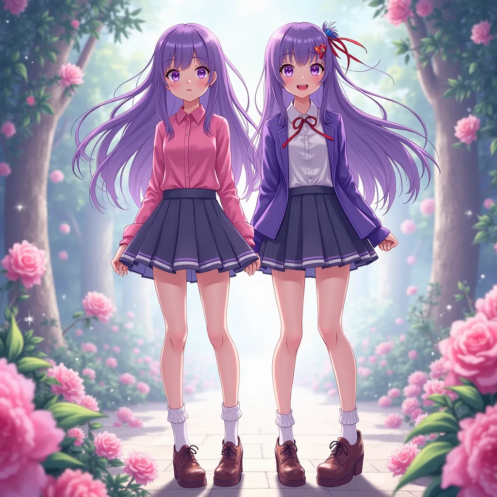 anime girl, 2girls, purple long hair, pink shirt, purple jacket, purple skirts, black platform oxford shoes, full body front