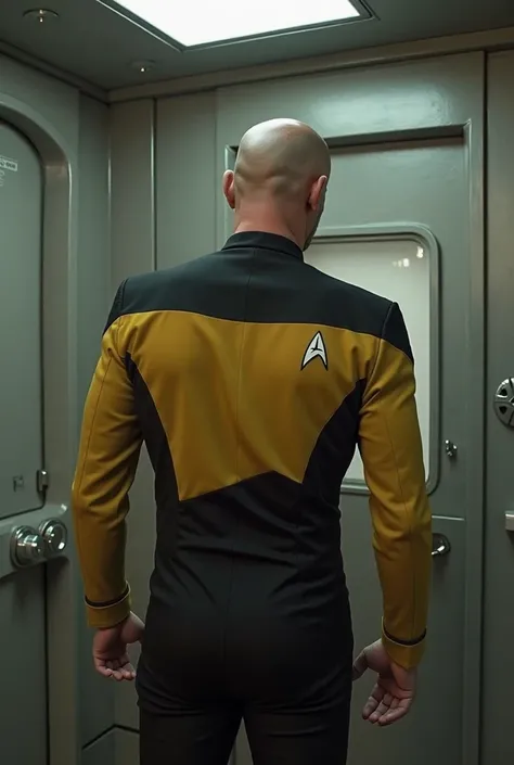 Medium build white American male with bald head wearing a Star Trek Next Generation yellow and black uniform standing in front of restroom window pressing his face on the glass