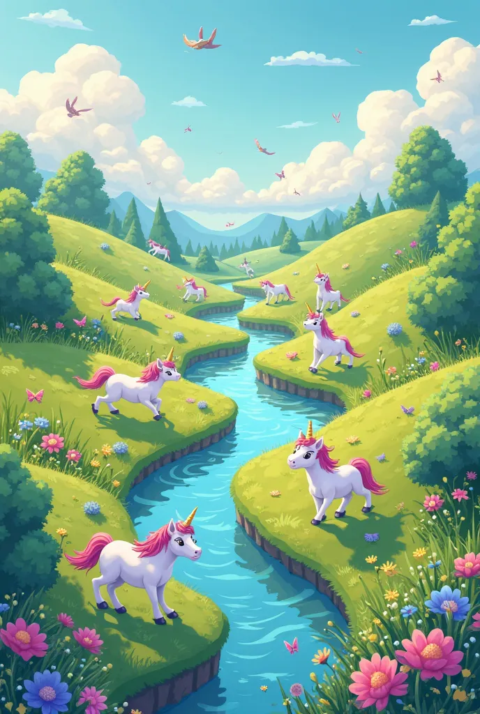 Create a, In Cartoon style, Let it be an aerial image of some unicorns on a rectangular terrain with a river in the shape of a circle in the center