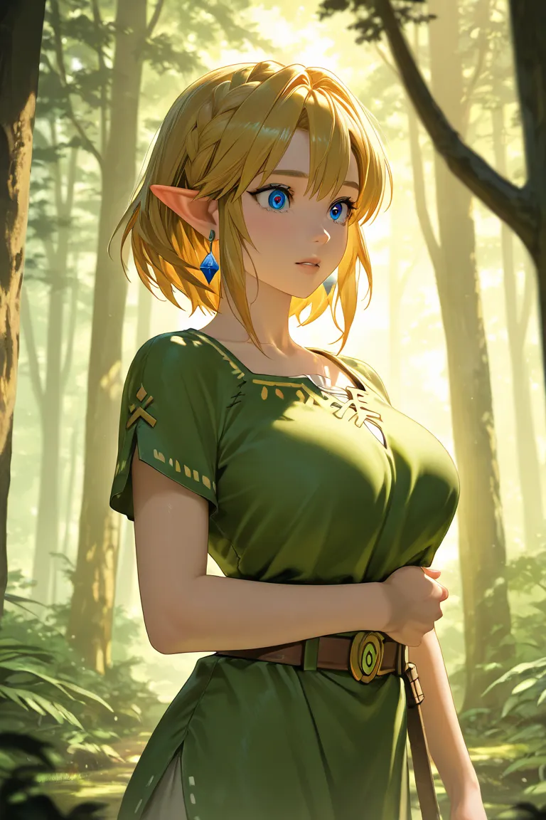 Female LInk (from the legend of zelda) gigantic breast expansion; green clothes; shocked face expresion