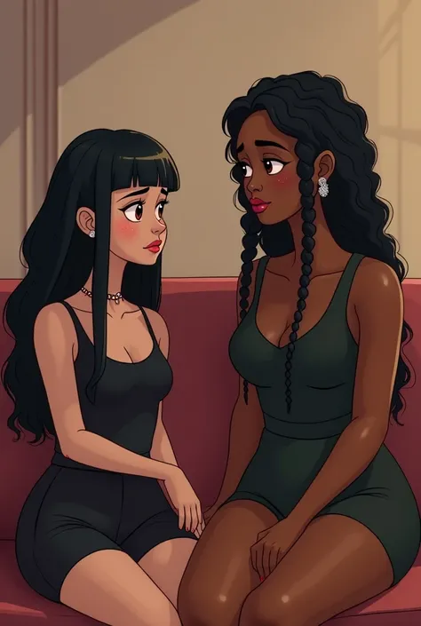 Create an image of a black woman, with braids, and a half chubby and cute body,  speaking , to a crying white woman, with bangs, and black hair, gothic, they are talking on a couch, Animate style the image