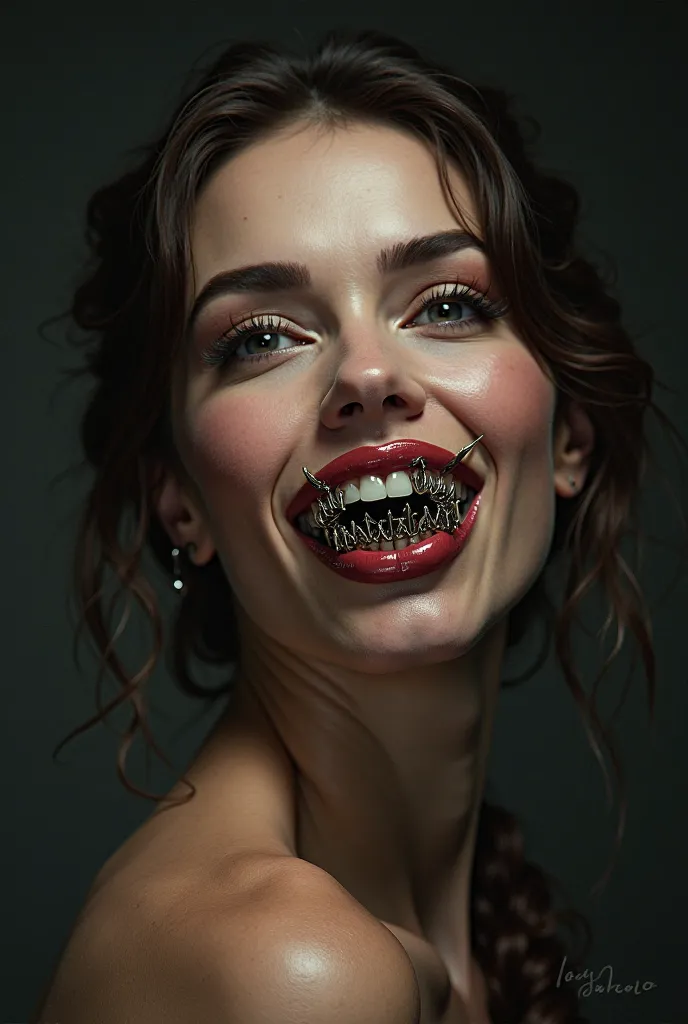 Generate a woman with a seductive look on her face smiling while proudly biting an intricately designed metal mouth trap securely glued between her teeth 