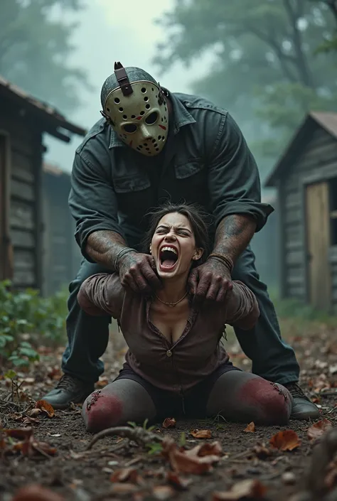 Background  Camp Crystal Lake with Jason voorhees  grabs a Camp counselor by the hair dragging her crossed the ground dead skin female in fear screaming 