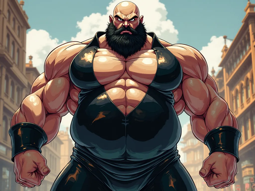 A stocky muscular man in bara style, bald man with black beard with black eyes, wearing a sensual black latex costume in 2D Dragon Ball style