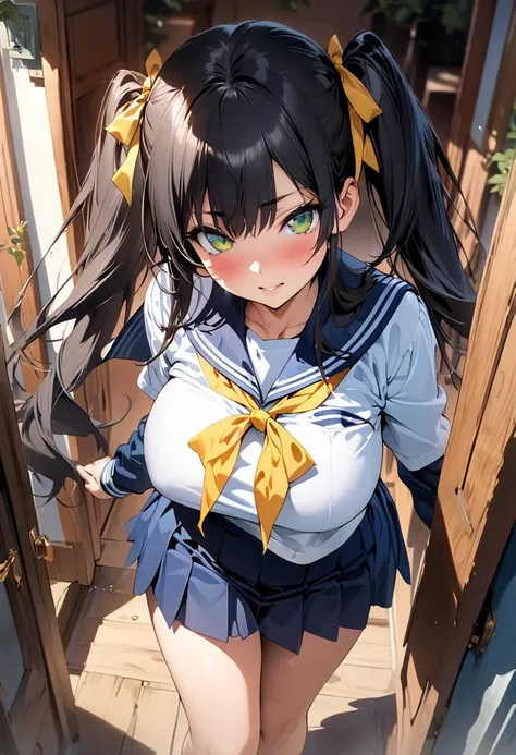 (masterpiece),(best quality),(ultra-detailed),(best illustration),(best shadow),(absurdres),(detailed background),(very aesthetic),black hair, large breasts, long hair, twintails, middle school student, green eyes ,sailor suit, school ribbon,sailor suit, s...