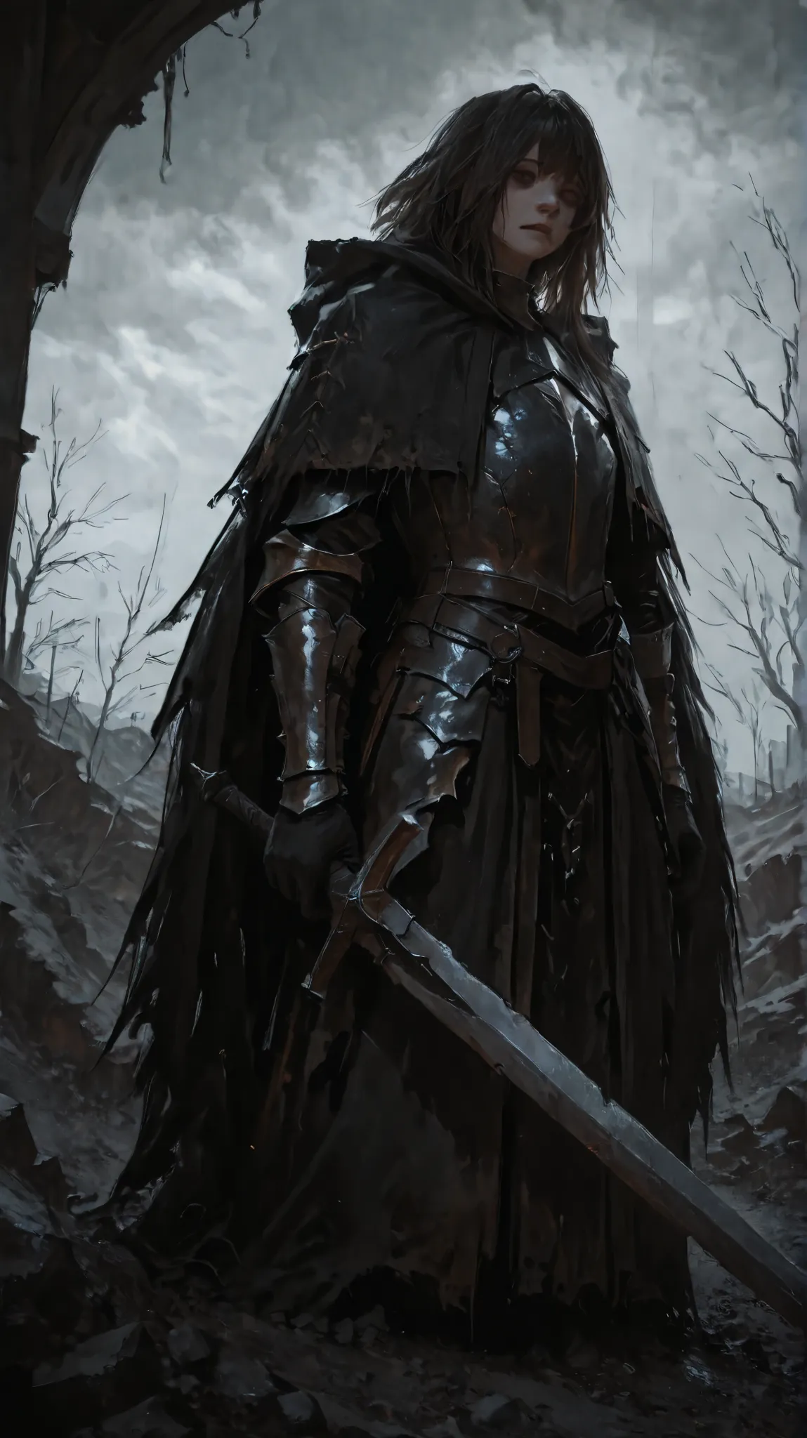 a male lonely warrior with long hair holding his sword, looking down sadly, detailed facial features,melancholy expression,weathered armor,standing in a desolate landscape,gloomy overcast sky,bare trees,rocky terrain,4K,highly detailed,photorealistic,drama...