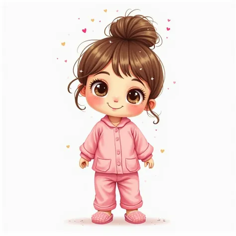 doodle art fofo whimsical garota com uma expressão feliz.  she's brown /king, Do you have brown hair tied in a bun,  with a fringe on the side . Her big brown eyes are sparkling with heart-shaped spots of light. She wears pink pajamas and slippers. bright ...