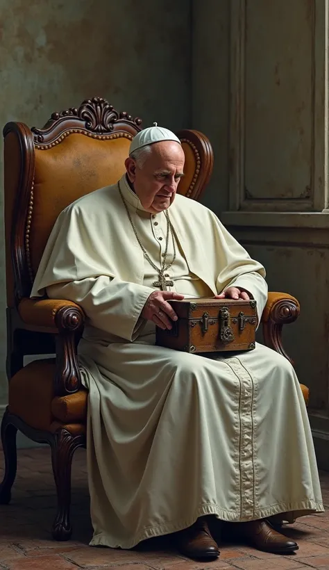 create an image of Pope Francis sitting on an old chair in his room holding an old trunk with a padlock