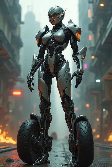 Make a Transformers Woman with the Body of a Motorcycle and with the Legs Being Wheels