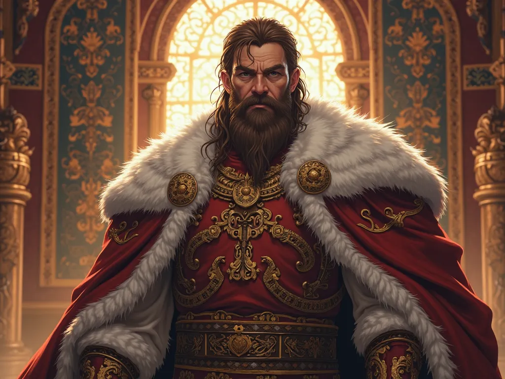 King's face, brown hair and beard, kingdom hall, realistic medieval anime style 