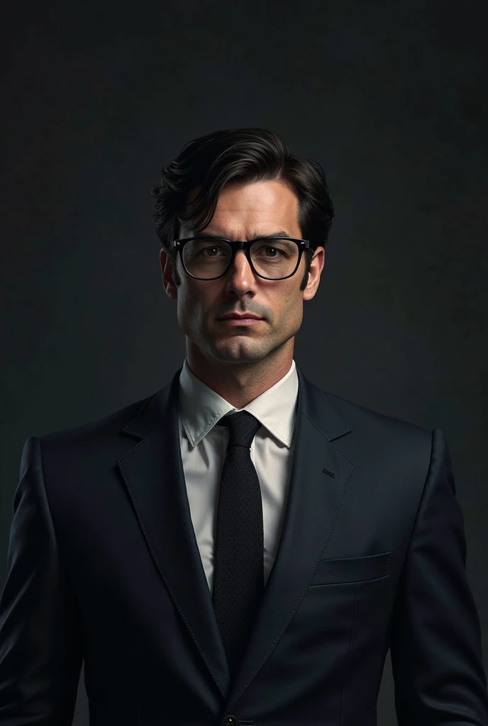 , create a black background image, Do not use bright colors. Clark Kent, wears glasses and has a single strand of hair falling on his shoulders. 