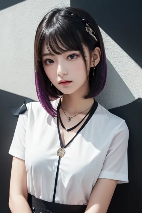 Masterpiece, 1 girl,Alone, A faint smile,  metal necklace ,  white shirt, Modern uniform ,  accessories,  purple and black two-tone hair color, Unique Hairstyle ,  stylish,  black background