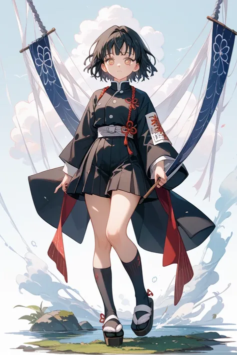  wearing a uniform like Demon Slayer 、 I would like a girl with short black hair, 。For the uniform, 、 and the sleeves should be omitted, 。 the pants should be short, 、 underneath she should wear black tabi socks like over-the-knee socks, ！ I would also lik...