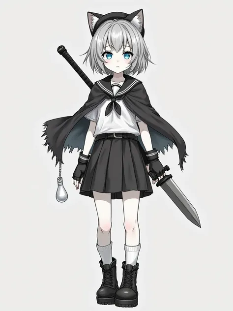 anime-style petite girl, like physique, short stature, slender build, small frame, delicate limbs, youthful appearance, black and white color scheme, monochrome, grayscale, desaturated tones, no color except for her vibrant blue eyes, light gray short bob ...